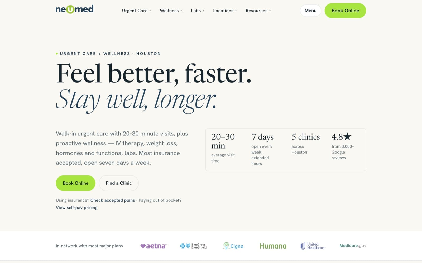 neumed.com homepage — urgent care + wellness, Houston (public site)